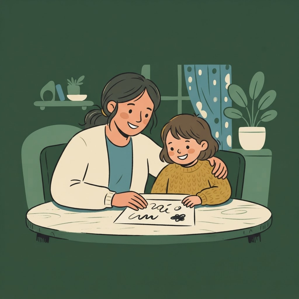 Un parent et son enfant assis ensemble à une table, regardant une fiche